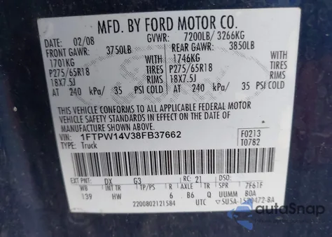 2008 Ford F150 Supercrew из США, поврежденный, VIN 1FTPW14V38FB37662